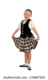 Cheerful Young Irish National Dancer In Ghillies And Performance Tartan