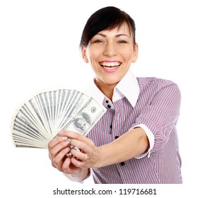 Cheerful Young Lady Showing Cash Smiling Stock Photo 119716681 ...