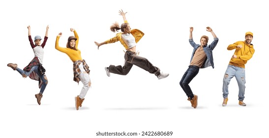 Cheerful young men and women dancing isolated on white background - Powered by Shutterstock