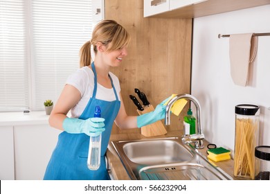 Cheerful Young Professional Cleaning Lady Wearing Apron Cleaning Stainless Steel Sink In Kitchen