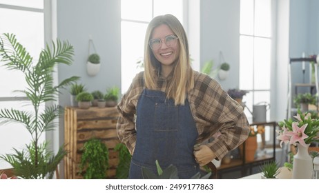 A cheerful young woman in a flannel shirt and denim apron stands among potted plants in a sunlit flower shop interior. - Powered by Shutterstock