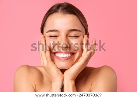 Image, Stock Photo Radiant young woman in glasses smiling on a park bench with sunlight filtering through trees and a building in the background