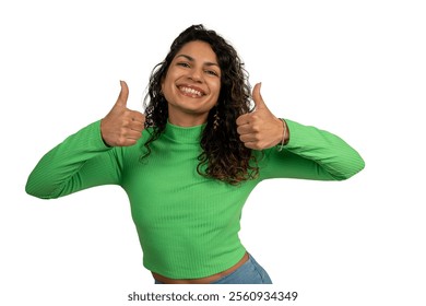 Cheerful young woman gesturing thumbs up sign with both hands, expressing positivity and approval - Powered by Shutterstock