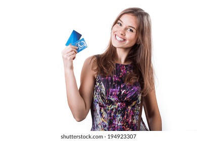 Cheerful Young Woman Holding Two Credit Cards