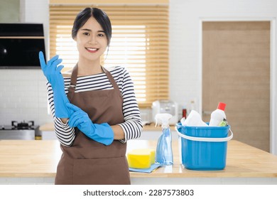 Cheerful young woman housekeeping on weekend.Smiling female house-keeper cleaning apartment, wearing blue rubber gloves with cleaning tools and rags, standing in modern kitchen interior, copy space. 