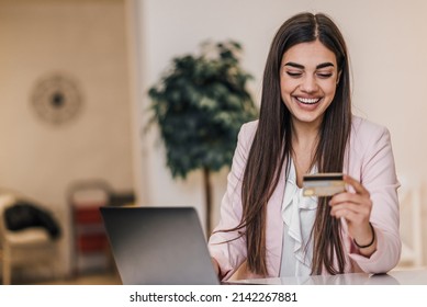 Cheerful Young Woman, Looking At Her Bank Insurance Online.