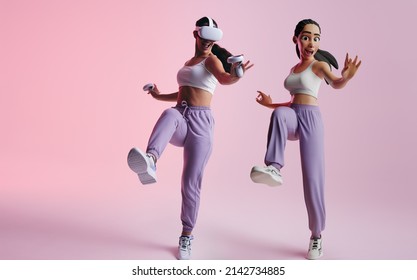Cheerful young woman partying as a 3D avatar in the metaverse. Happy young woman dancing and having fun while wearing virtual reality goggles. Woman enjoying a 3D simulation in a studio. - Shutterstock ID 2142734885