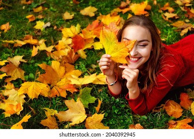 A cheerful young woman in a red knitted dress, lying on the ground covered with autumn yellow and red leaves, in a beautiful park. She put a maple leaf to her face, closing her eyes.