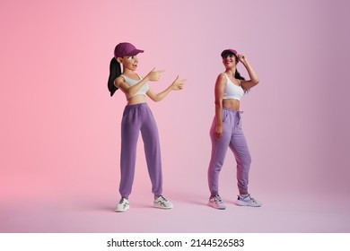 Cheerful young woman smiling at her metaverse avatar in a studio. Happy young woman standing next to the 3D simulation of herself. Sporty young woman exploring virtual reality.