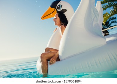 Cheerful Young Woman Smiling While Floating On Inflatable Swan. Female Having Fun On Floating Toy In Swimming Pool.