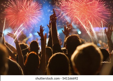 New Year Concept Cheering Crowd Fireworks Stock Photo 506751328 ...