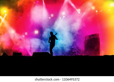 cheering crowd in front of bright stage lights