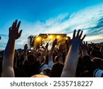 cheering crowd at a rock concert at dusk