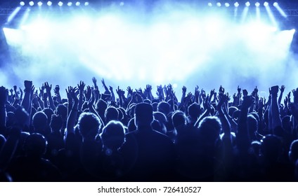 cheering crowd at rock concert in front of bright lights
