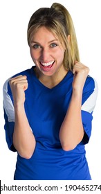 Cheering Football Fan In Blue Jersey On White Background