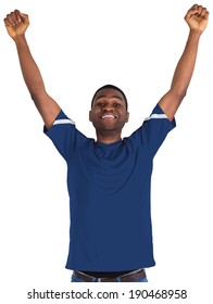 Cheering Football Fan In Blue Jersey On White Background