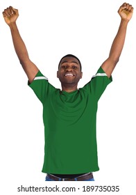 Cheering Football Fan In Green Jersey On White Background