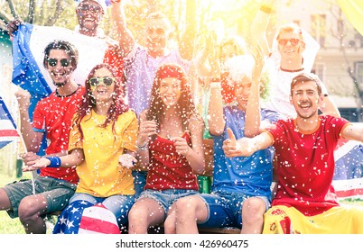 Cheering Football Fans Exulting Watching Match On Screen Outdoors - Sport Supporters Party And Fun For International Soccer Game - Multiracial Concept Of Joy And Togetherness  - Sun Halo Filter