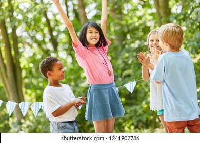 Cheering Girl As Winner At The Award Ceremony With Friends