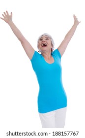 Cheering Happy Older Woman Isolated In A Blue Shirt.