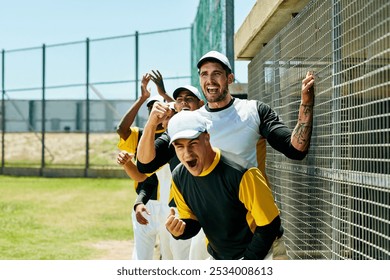 Cheering, sports and baseball team at game on field with celebration for team winning, score or achievement. Happy, jumping and male athletes at stadium with energy for home run in outdoor match. - Powered by Shutterstock