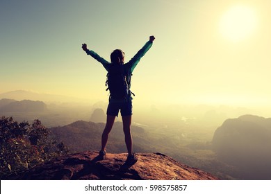 Silhouette Free Cheering Woman Hiker Open Stock Photo 396552382 ...