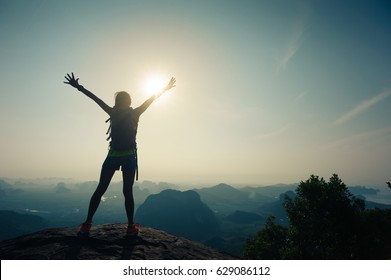 Cheering Successful Woman Hiker Open Arms Stock Photo 629086112 ...