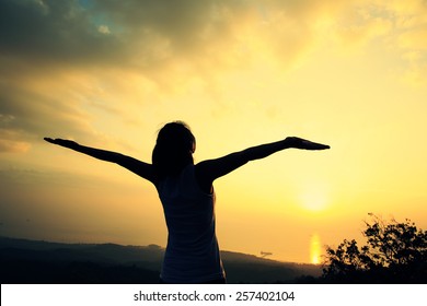 Cheering Woman Open Arms Mountain Peak