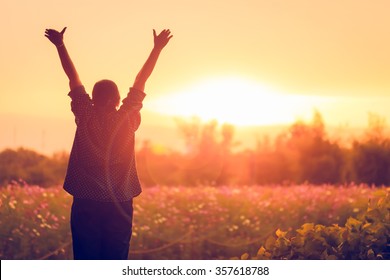 Cheering Woman Open Arms At Sunrise Flowers Garden,Nature Of Life