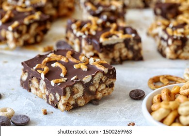 Cheerios, Chocolate And Pretzel Bars. Children Snacks, Healthy Bar