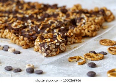 Cheerios, Chocolate And Pretzel Bars. Children Snacks, Healthy Bar