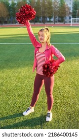 Cheerleaders In Action At The Stadium. Early Morning Workout