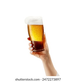 Cheers. A close-up of a woman hand holding glass of lager chill beer with a foamy head isolated on white background. Concept of alcohol, Oktoberfest, drinks, holidays and festivals. Copy space for ad. - Powered by Shutterstock