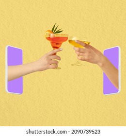 Cheers. Contemporary Art Collage. Two Hands Sticking Out Phone Screen And Clinking Glasses With Drinks Isolated Over Yellow Background. Concept Of Social Gathering Online, Celebration, Holiday.