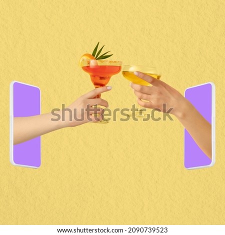 Cheers. Contemporary art collage. Two hands sticking out phone screen and clinking glasses with drinks isolated over yellow background. Concept of social gathering online, celebration, holiday.