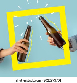 Cheers. Contemporary art composition with two male hands holding beer bottles with lager, cold beer. Concept of festival, national traditions, taste, drinks. Mix photo and illustraion