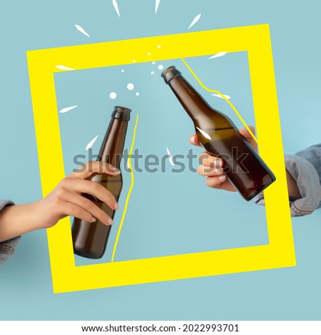 Cheers. Contemporary art composition with two male hands holding beer bottles with lager, cold beer. Concept of festival, national traditions, taste, drinks. Mix photo and illustraion