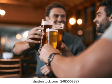 Cheers, friends and beer in pub with glasses as celebration for drinks, happiness or social bonding. Alcohol, men and people in restaurant for birthday party, event and reunion in Germany with toast - Powered by Shutterstock