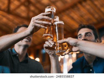 Cheers, friends and beer in restaurant with glasses as celebration for drinks, happiness or social bonding. Alcohol, men and people in pub for birthday party, event and reunion in Germany with toast