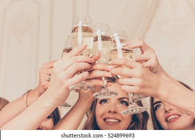 Cheers! Girls Celebrate A Bachelorette Party Of Bride.