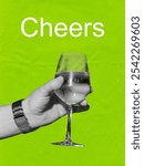 Cheers, hand raising glass of wine poster. Simple graphic design in lime green background brat style.