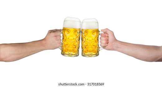 Cheers! Hands Holding Up German Beer Mugs