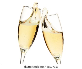 Cheers! Two Champagne Glasses. Closeup, Isolated On White