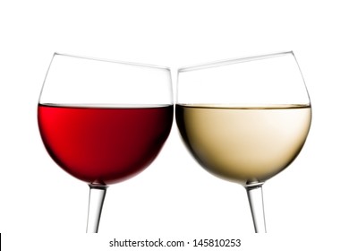 Cheers, Two Glasses Of Red Wine And White Wine Against White Background