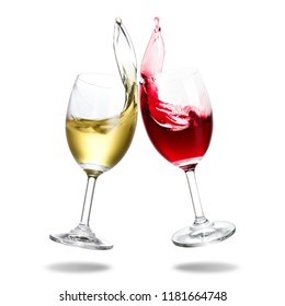 Cheers Wine With Splash Out Of Glass Isolated On White Background.