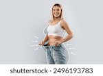 Cheery attractive slender middle aged blonde woman wearing huge jeans, showing results of diet, white body shape lines around happy slim lady, collage for slimming concept, copy space