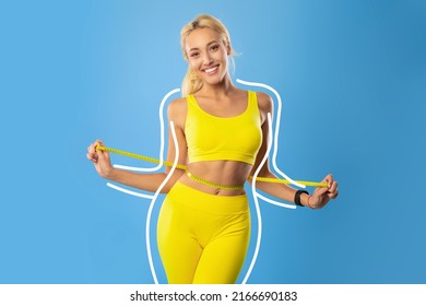 Cheery millennial blonde woman measuring her waist with tape, sharing weight loss result, being happy over slimming process, keeping healthy diet over blue studio background, collage - Powered by Shutterstock