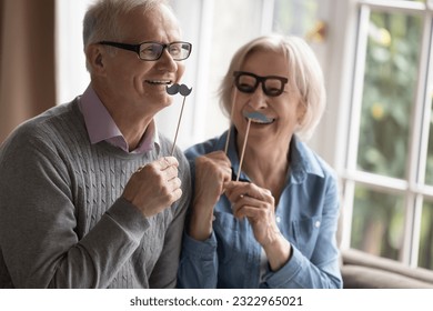 Cheery seniors couple sit on couch hold funny party set, carnival accessories, fake eyeglasses and moustaches on wooden sticks, laughing, celebrate life event, feeling happy on anniversary or birthday - Powered by Shutterstock