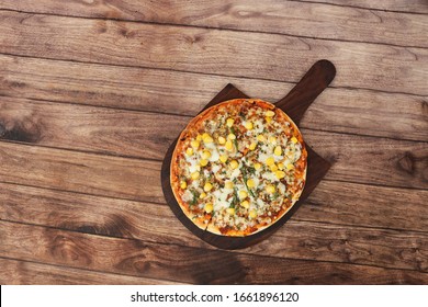 Chees Corn Pizza Veg Chees Pizza Placed On A Wodden Pan On Wooden Background