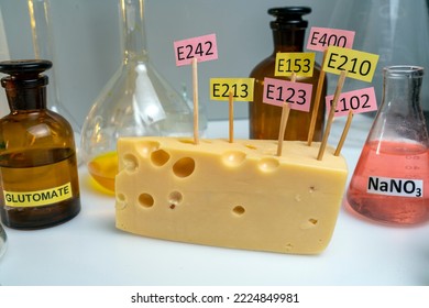 Cheese Adorned With Additive Labels E. Food Laboratory On A Lab Bench